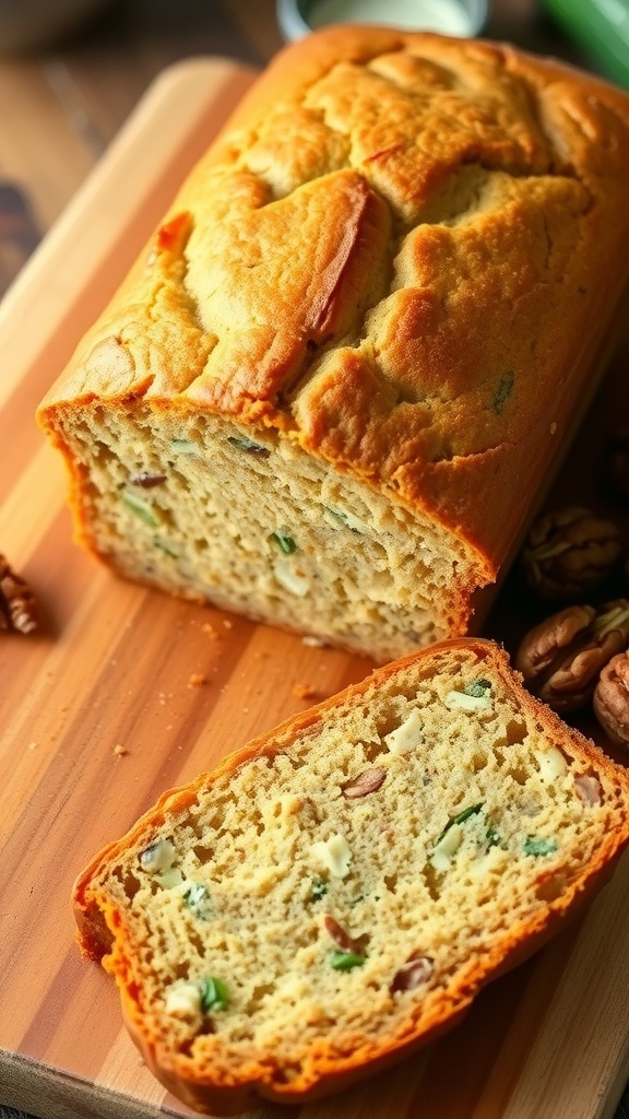 A loaf of zucchini nut bread sliced to show moist texture with nuts, on a wooden board with walnuts.
